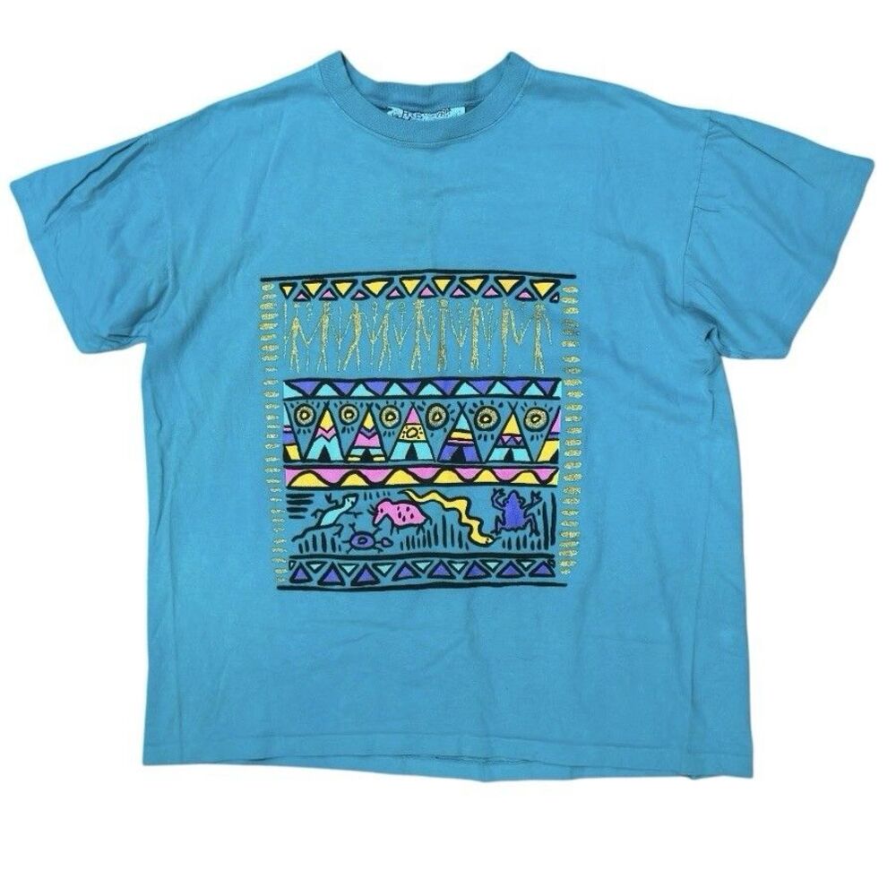 Vintage 90s Explosive Tribal Art T Shirt Size XXL Single Stitch made USA Blue